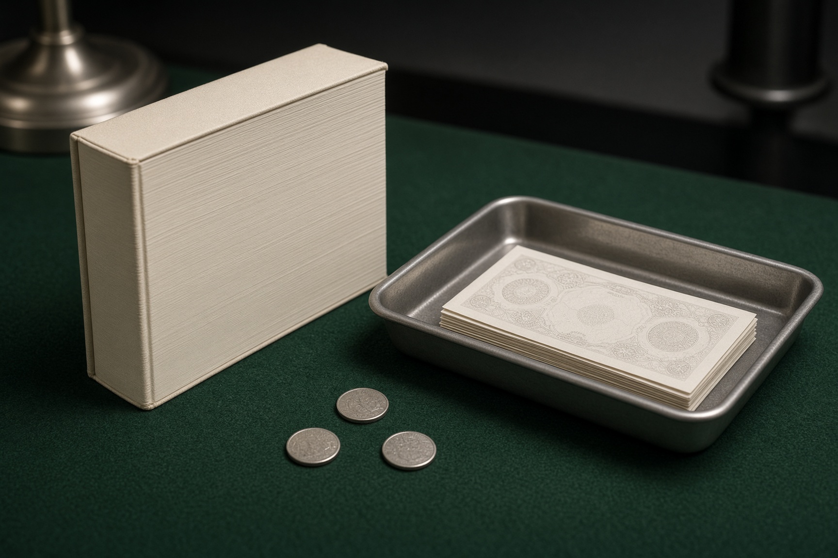 Ledger standing beside cash in a steel tray.