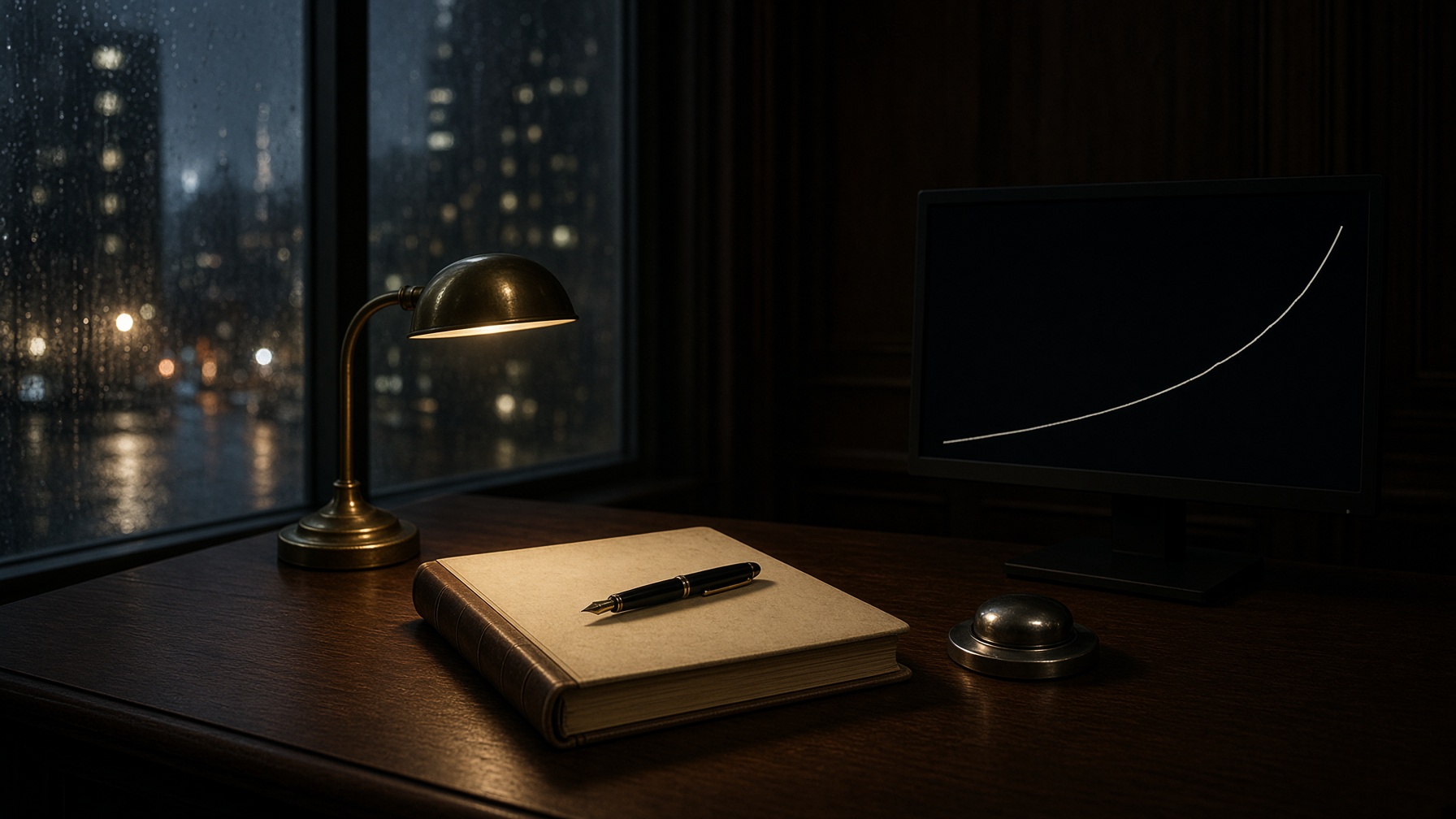 After-hours desk: one ledger, one lamp, a city in the rain.
