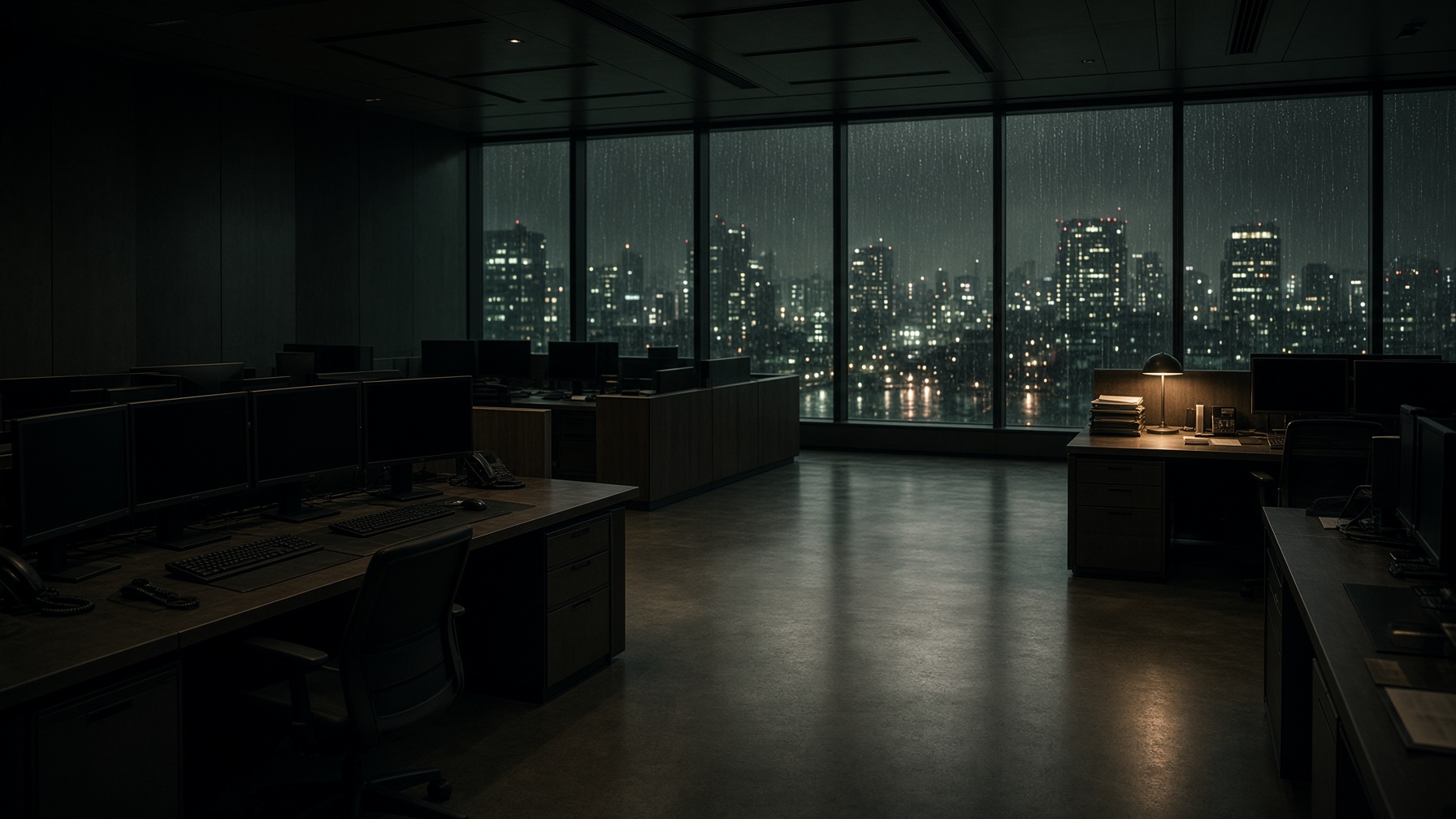 Empty prime floor after hours. One lamp still on.